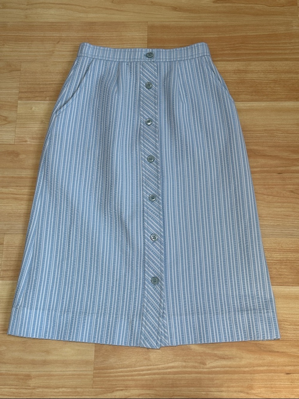 Vintage Blue & White Striped Midi Skirt with Pockets Size XS (see measurements)
